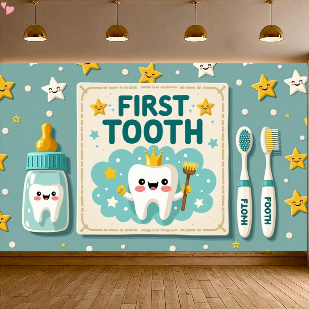My First Tooth Backdrop Star Toothbrush Cute Teeth Light Blue and Pink ...