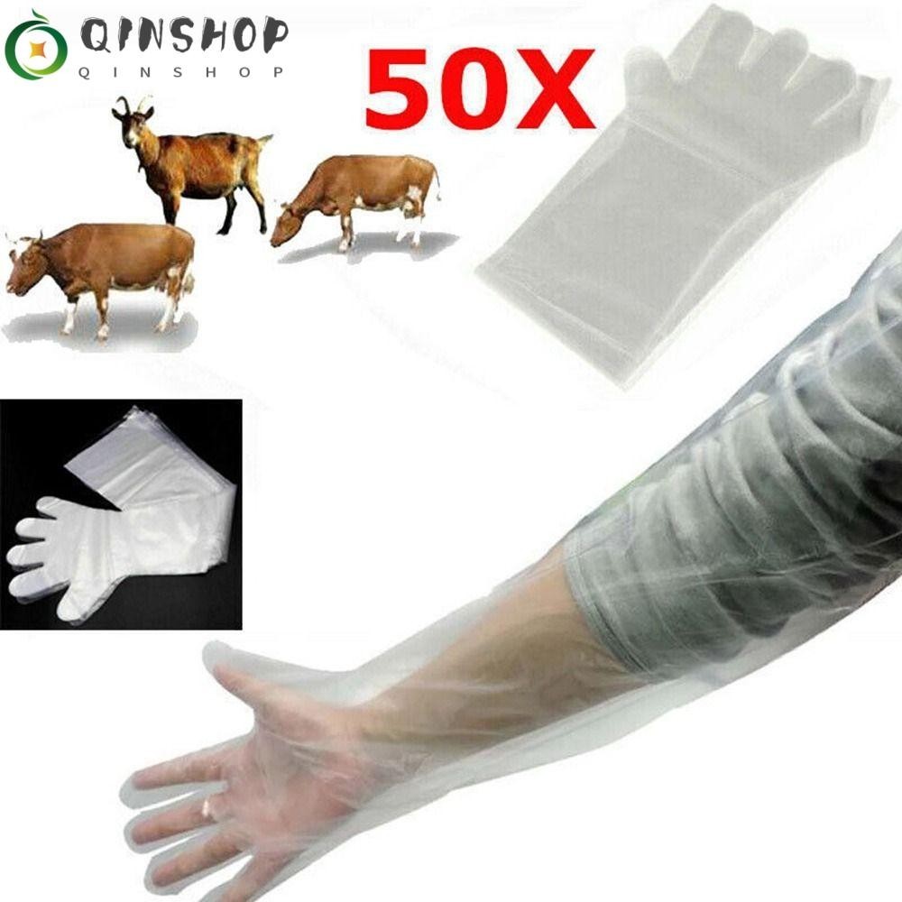 QINSHOP 50Pcs Long Arm Glove, Disposable Plastic Disposable Vet Glove ...