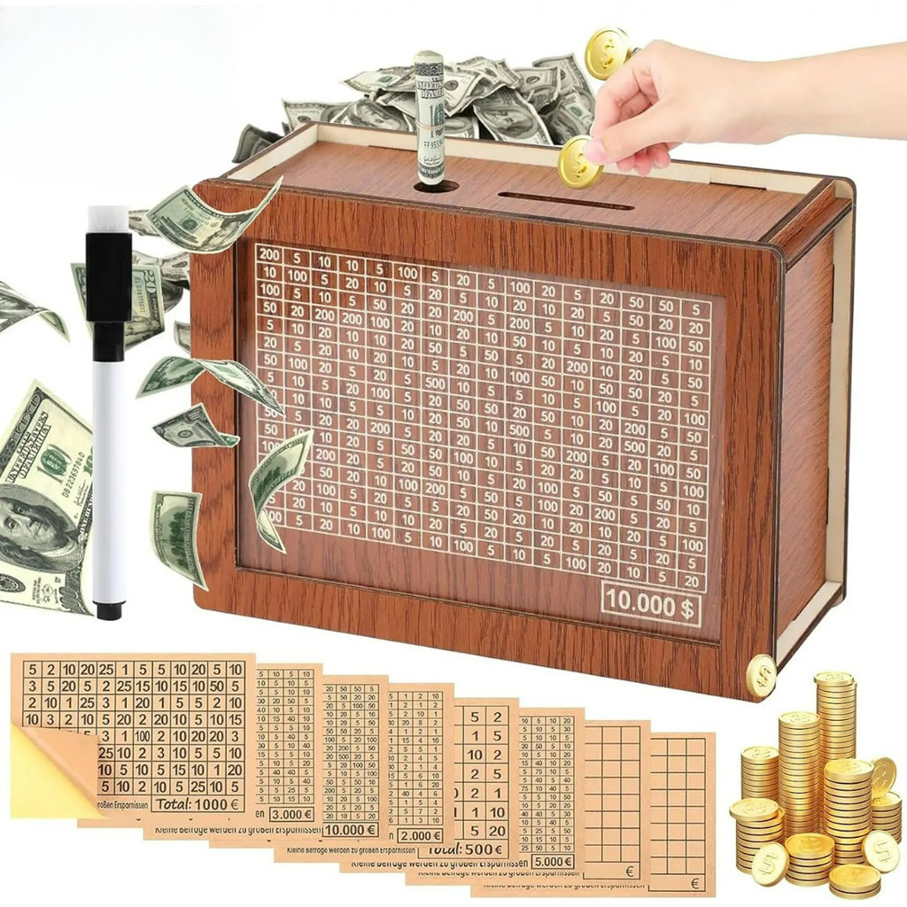 Cash Box with Counter Wooden Savings Challenge Box Dollar Saving Money ...