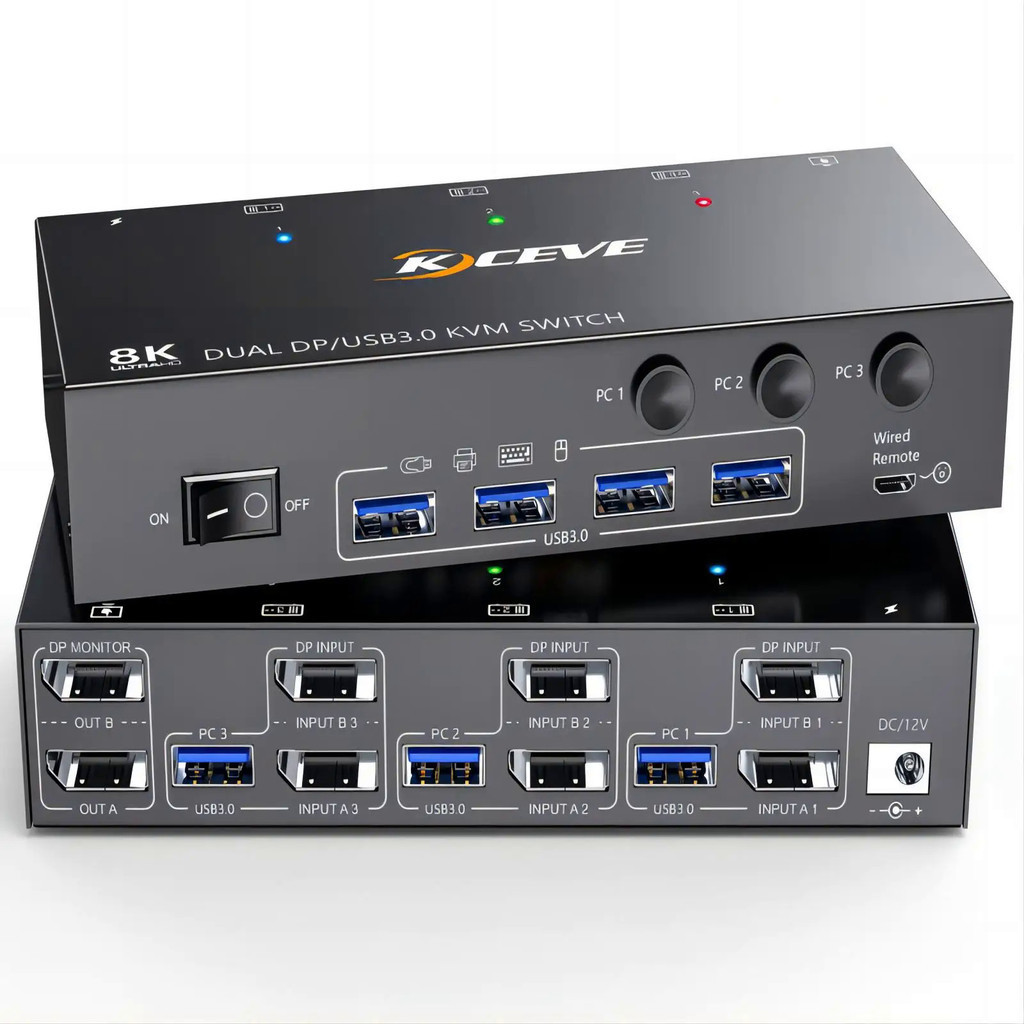 KCEVE 8K Displayport KVM Switch 2 Monitors 3 Computers 8K60Hz 4K144Hz