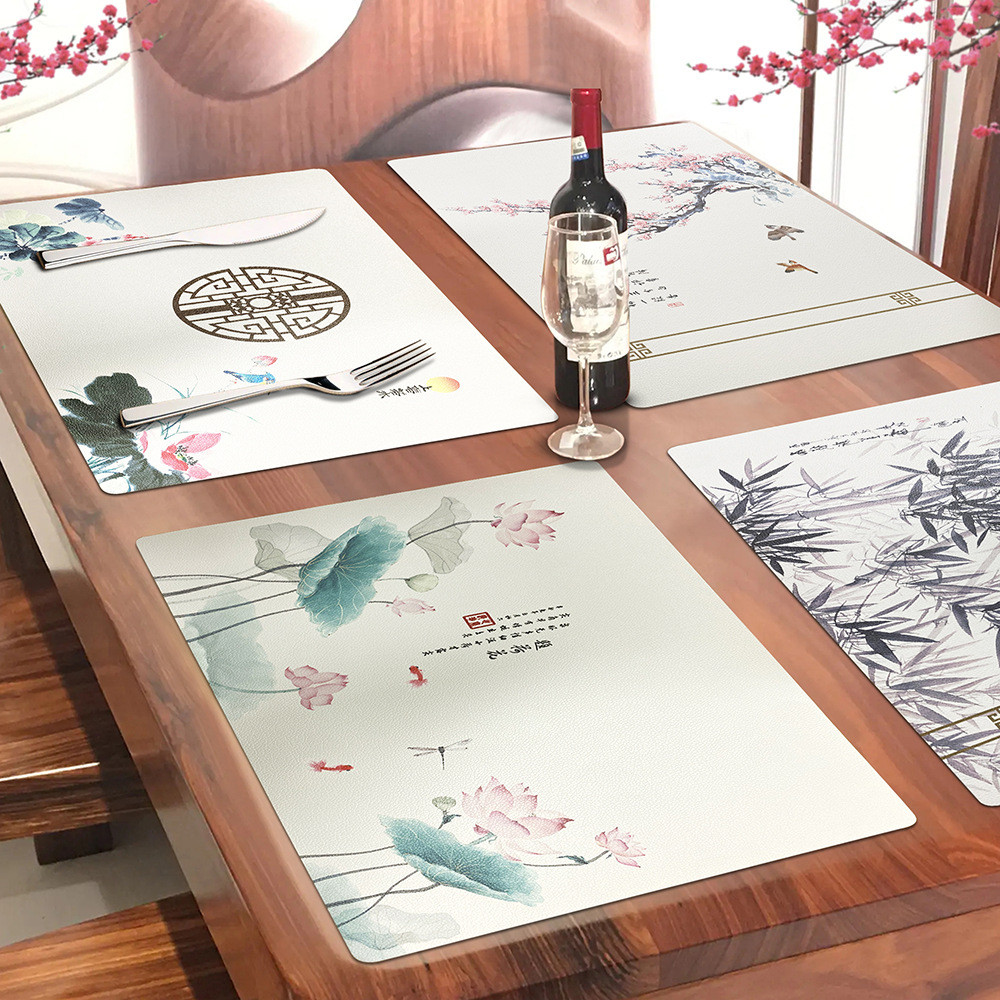 Chinese style square leather dining table mat high-end waterproof anti ...