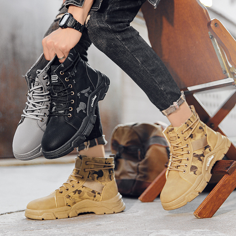 Quality Assurance Camouflage Boots Trendy Casual Martin Boots Retro Desert Military Boots Short Boots High Top Men s Casual Leather Boots New Style Mid Tube Overall Boots Classic Big Toe Short Boots B...