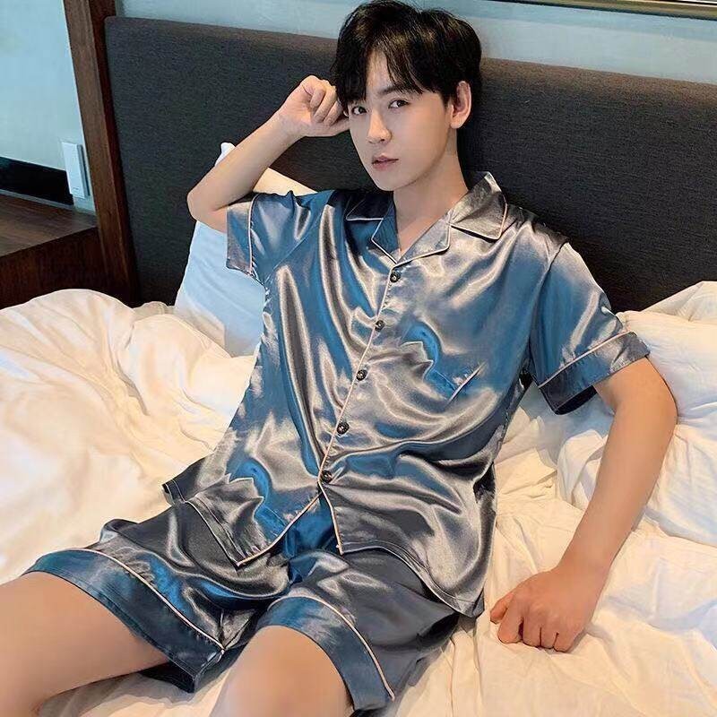 Good Quality Ice Silk Men s Pajamas Spring Summer Short Sleeve and Shorts Thin Pyjamas Youth Solid Color Home Wear Plus Size Set Shopee Singapore