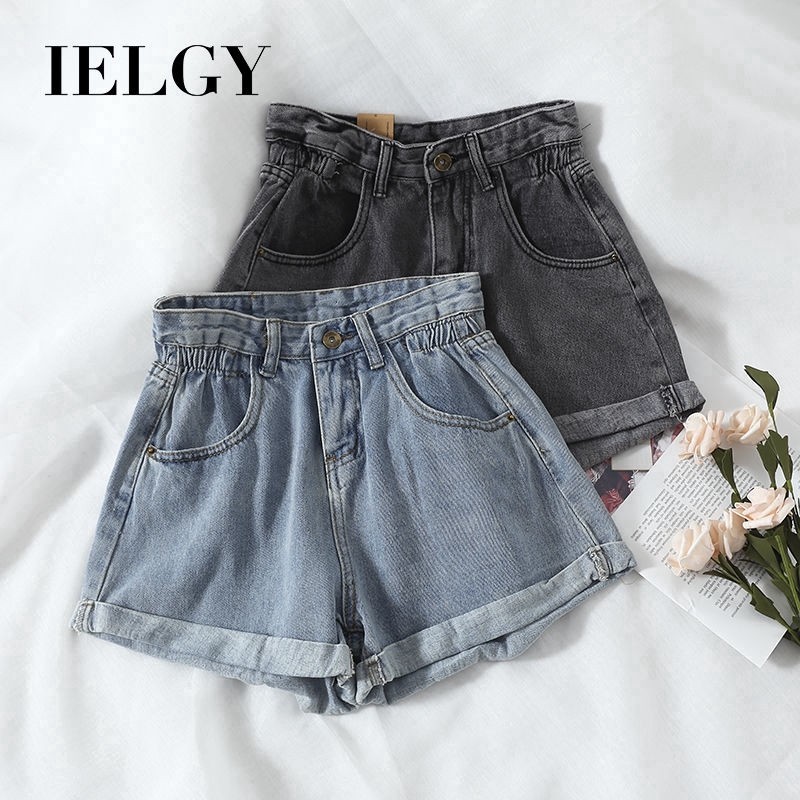 IELGY Loose high waist stretch wide leg black denim shorts