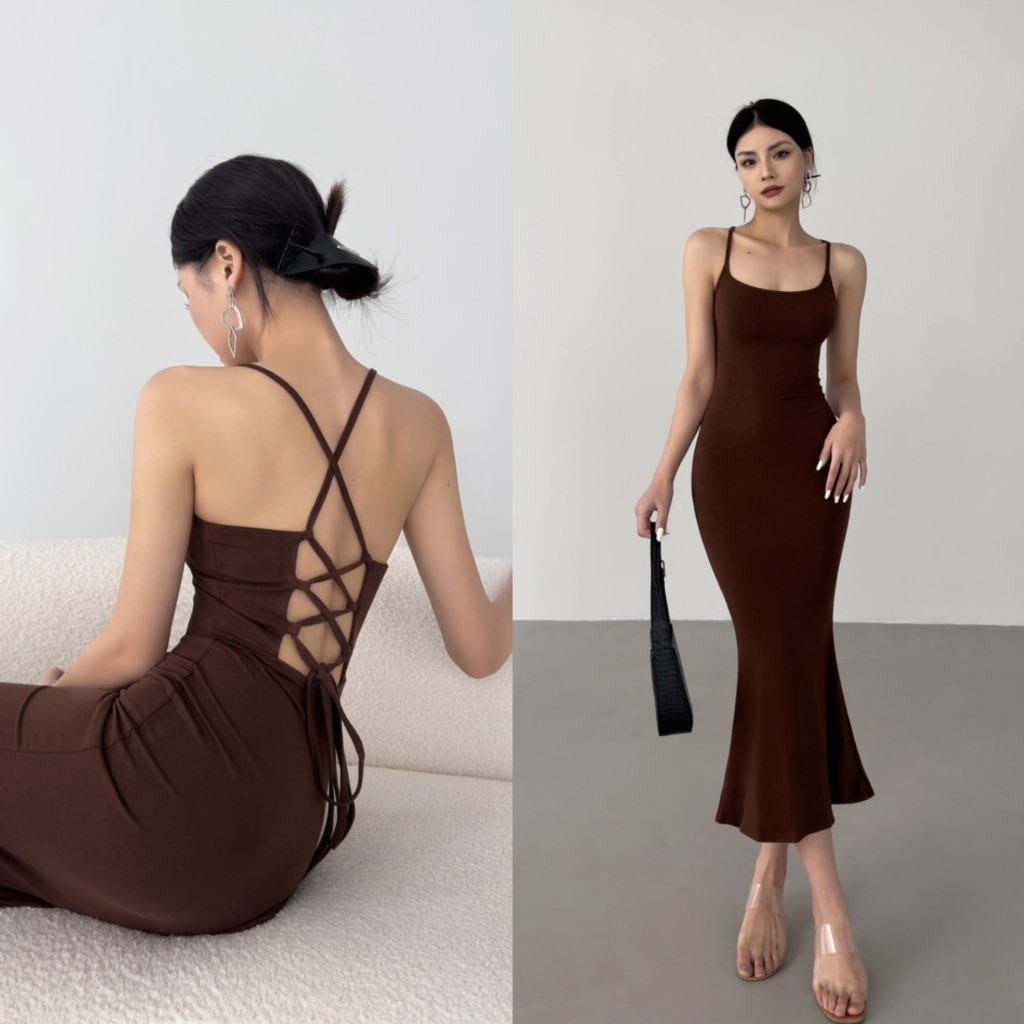 DD brown sleeveless long fitted dress for woman formal elegant cocktail ...