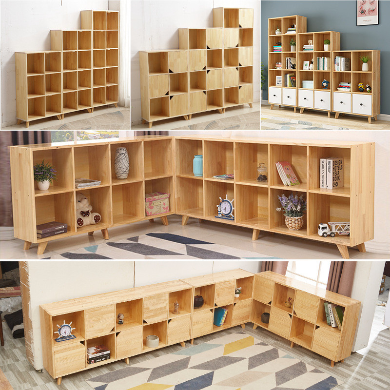Solid Wood Pine Large Capacity Grid Bookshelf Bookcase Living Room Low ...