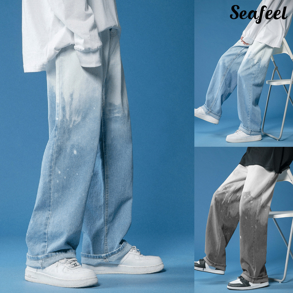[SEA] Men Jeans Gradient Tie-dye Breathable Mid Waist Long Wide Leg ...