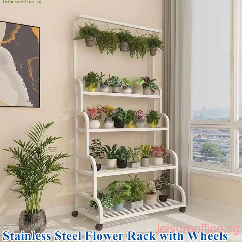 Stainless Steel Flower Rack with Rods Wheels Movable hanging Metal ...