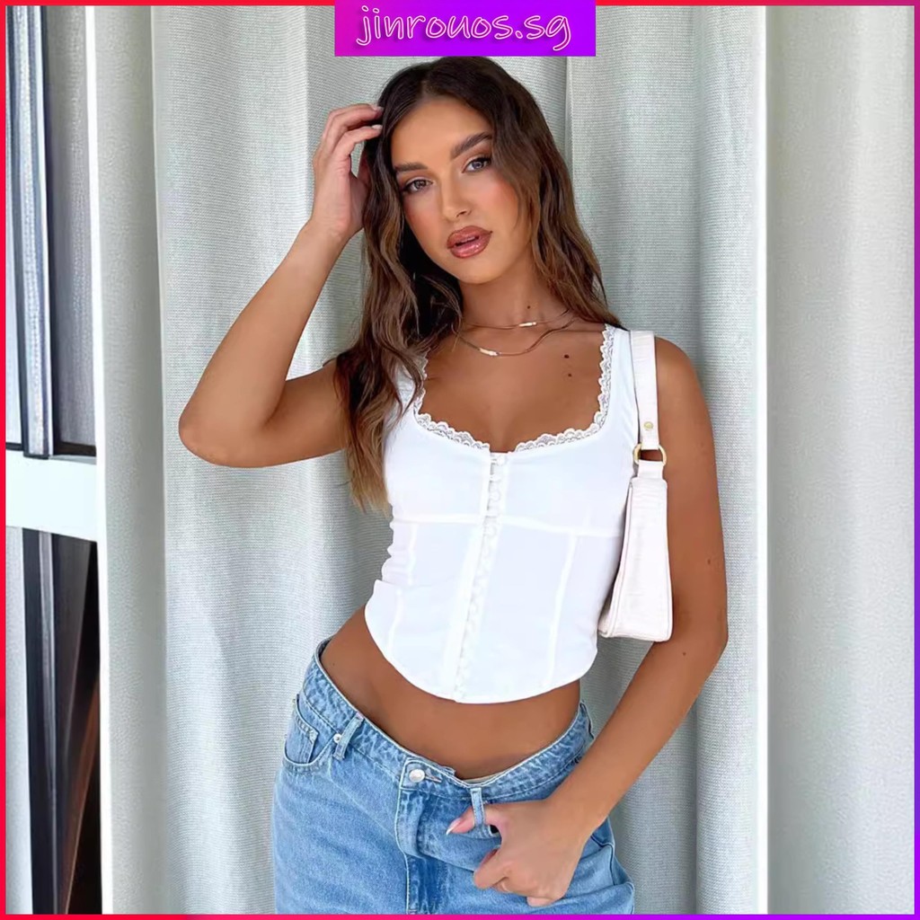 SUPER-Women´s Crop Slim Fit Scoop Neck Backless Lace Trim 3D Bow Ribbed ...