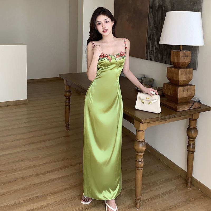 Dress French Style Slim Fit Camisole Long Dress Embroidered Waistband ...