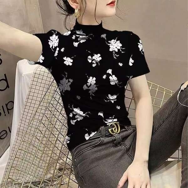turtle neck women Half-high Collar Short-sleeved Outer Wear Thin Base ...