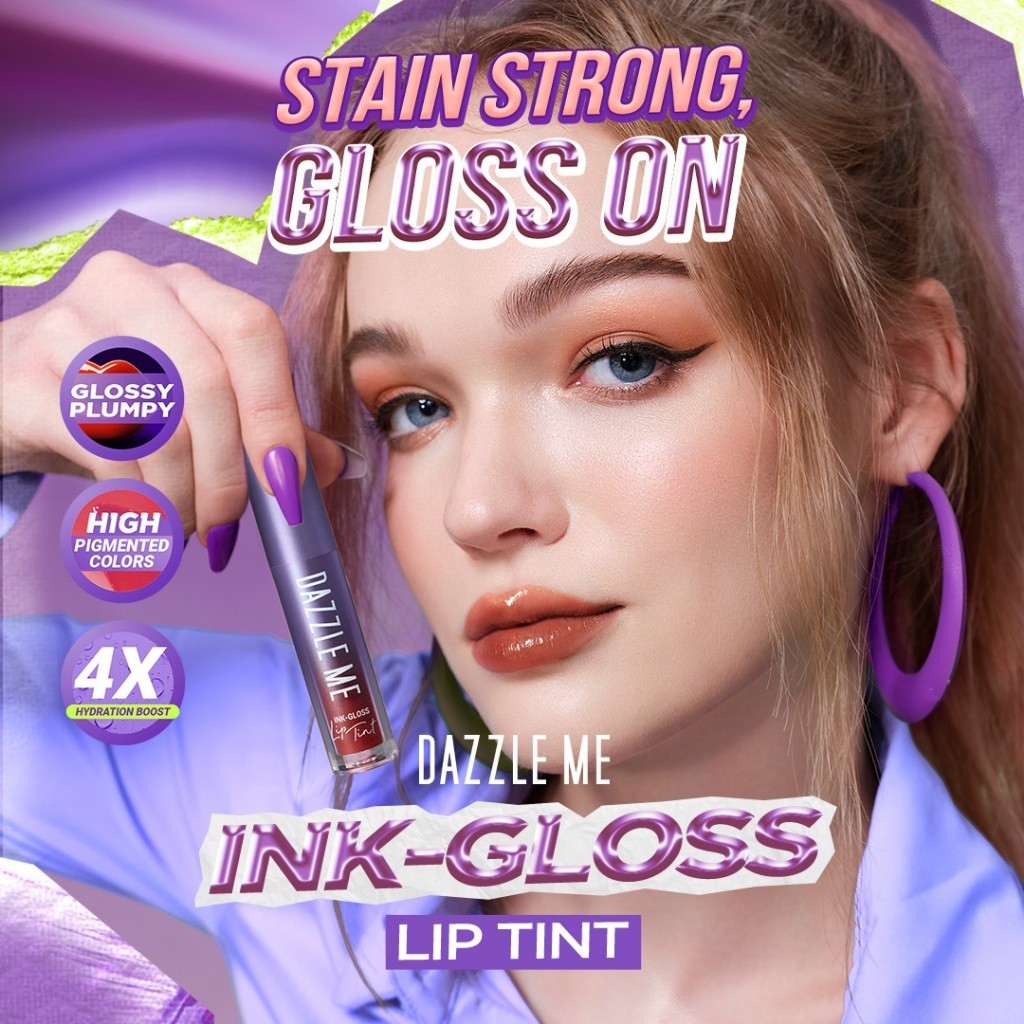 DAZZLE ME Ink-Gloss Lip Gloss Tinted Stain Tint Watery Ink Gel Moist Hydrating / Merah Jingga Official - Gambar 2