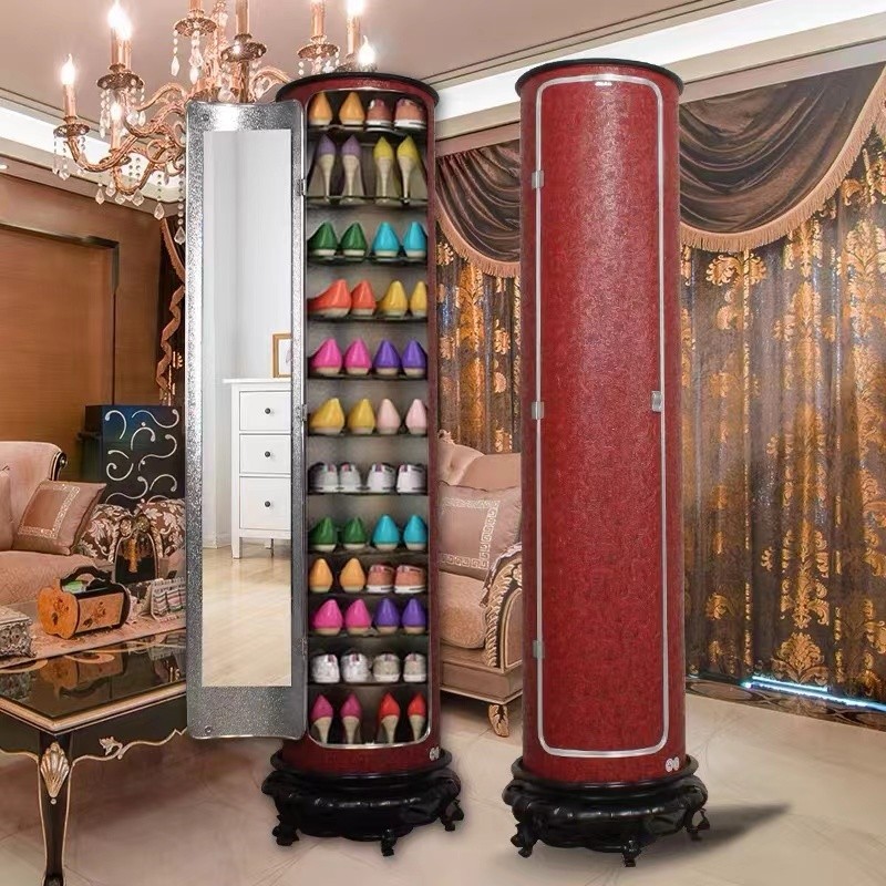 New3D Leather Carved Rotating Shoe Cabinet Home Shoe Rack Round Column ...