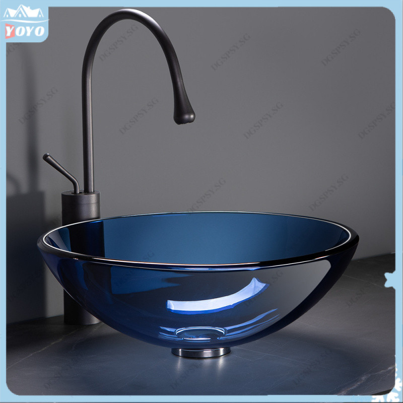 Wash basin toughened glass countertop basin bathroom art basin blue ...