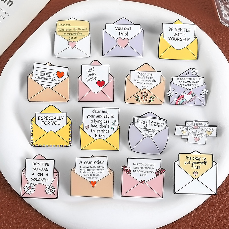 Inspirational Text Enamel Pins Brooch Creative Envelope Text Badges ...