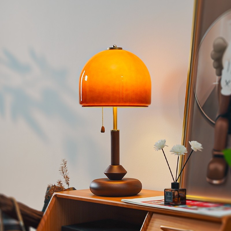 Lampu Meja Bauhaus Table Lamp With Wooden Base, Retro Orange Mushroom ...