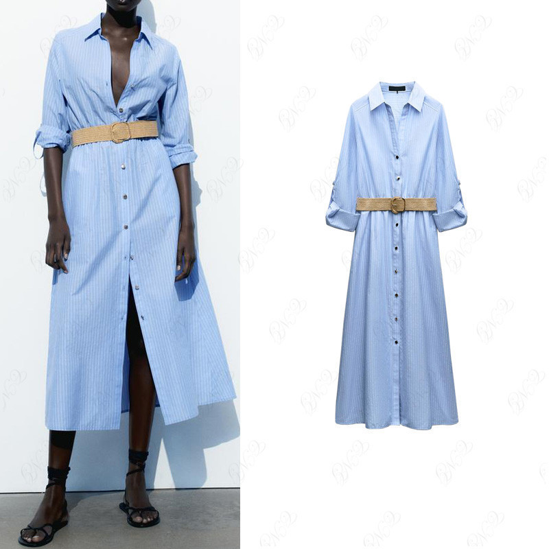 Zara Lapel Long Sleeve Mid Length Jute Belt Shirt Dress 8372088 Shopee Singapore