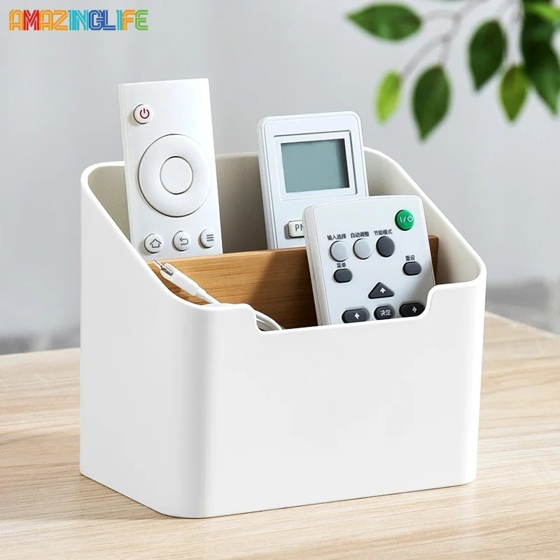 Portable Remote Control Holder Desktop Small Item Container Bamboo Wood ...