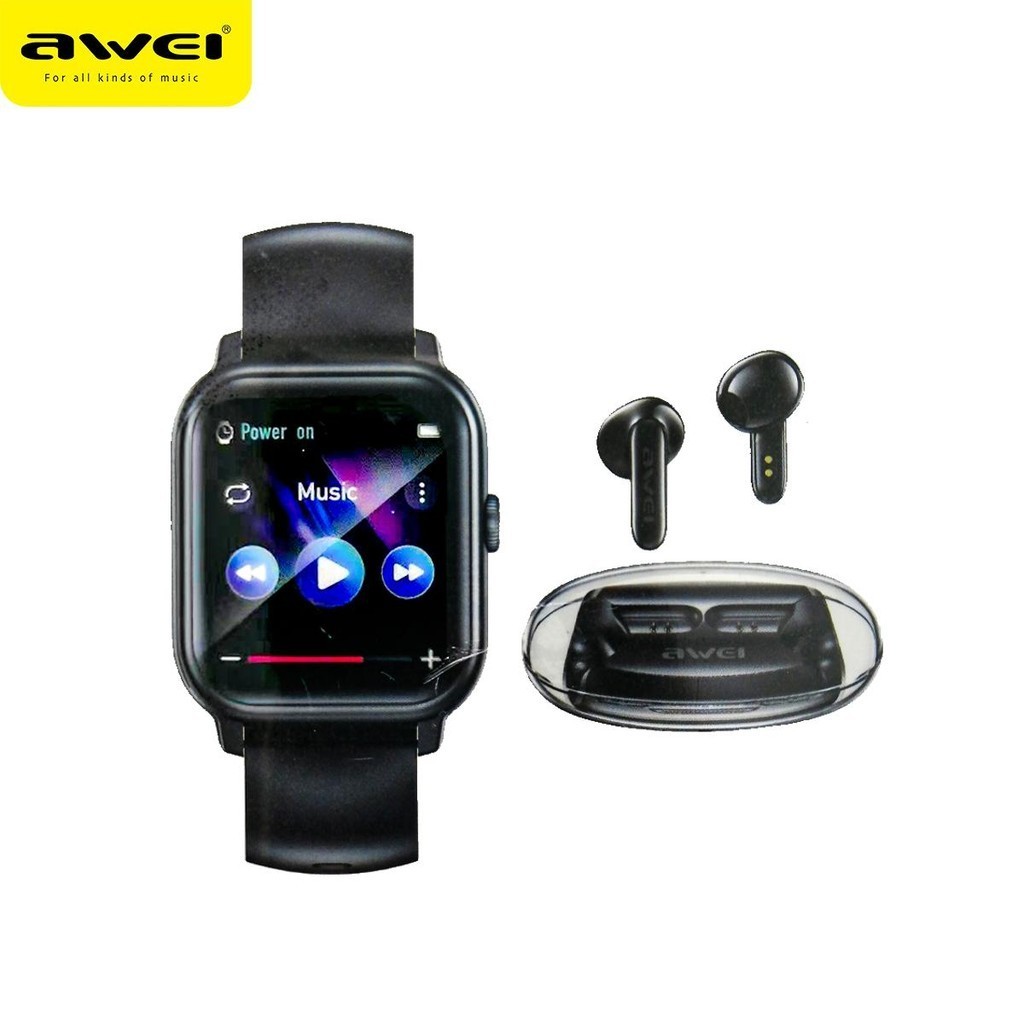 Awei HE 3 TWS Earbuds Smart Watch 2 in 1 Set Music Watch Set Earphone Smart Watch Awei Sport Combo Set HE3