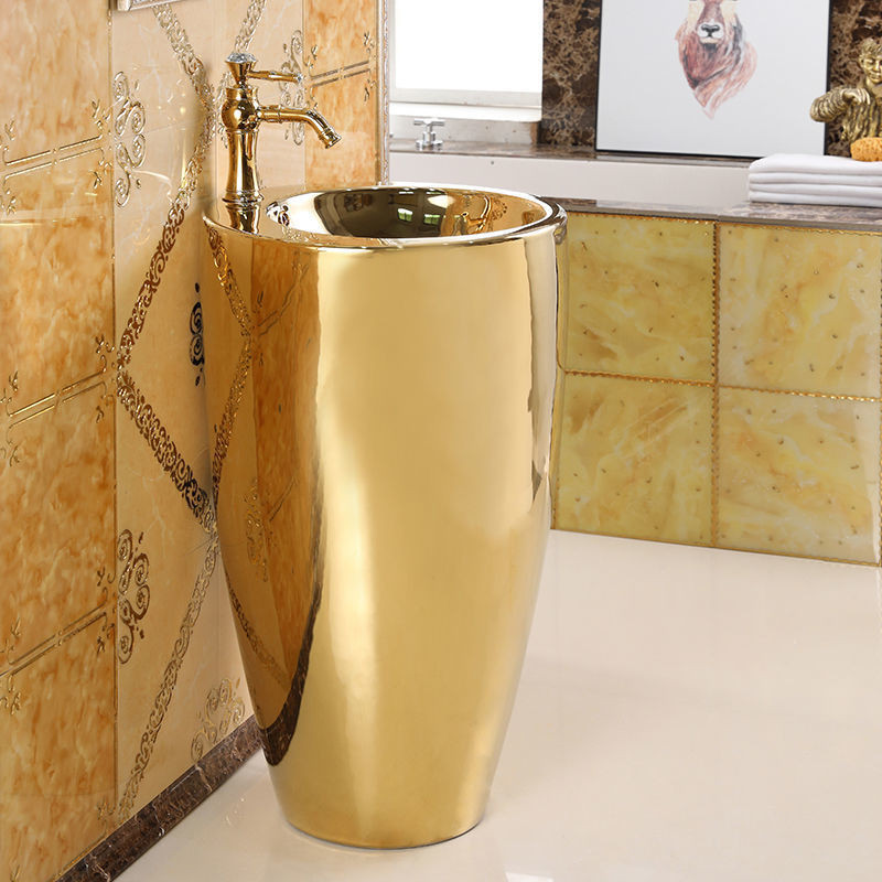 European-Style Artistic Golden Pedestal Basin round Wash Basin Bar Floor Wash Basin Ceramic ...