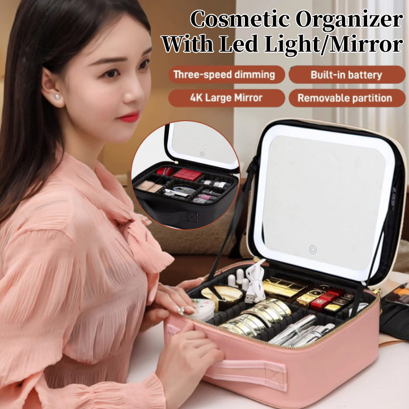 ⚡SG Stock⚡Led light with mirror cosmetic organizer led灯带镜子化妆品收纳盒Fashion ...