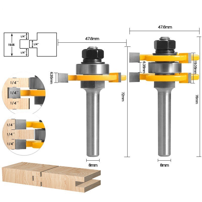 Tongue & Groove Router Bit Set 3 Teeth T-shape Wood Milling Cutter ...
