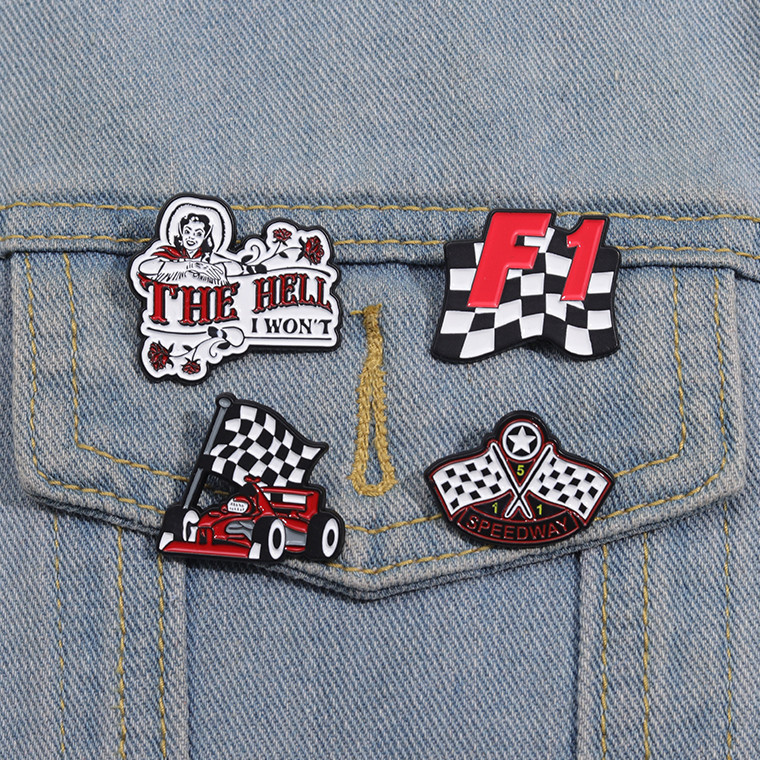 F1 Racing Contact Signal Flag Brooch Black and White Checkered