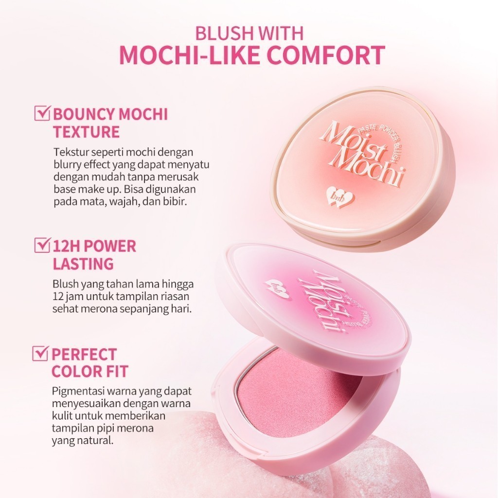 BNB barenbliss Moist Mochi Paste Powder Blush [12H Lasting Color] Cream Blush / Merah Jingga Official - Gambar 2