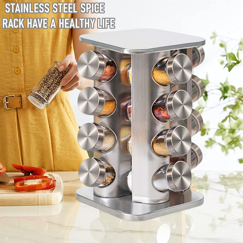 Revolving Stainless Steel Spice Rack Organizer with 16 Glass Jars ...