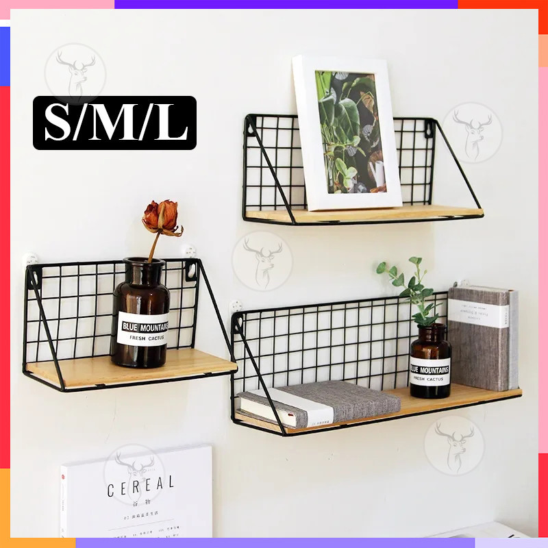 【S/M/L】Grid Wall Shelf Wall Mounted Hanging Shelf Storage Holder Rack ...