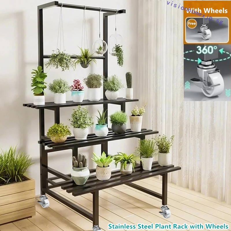 Multi-Layer Stainless Steel Plant Rack with Rods Wheels Flower Stands ...