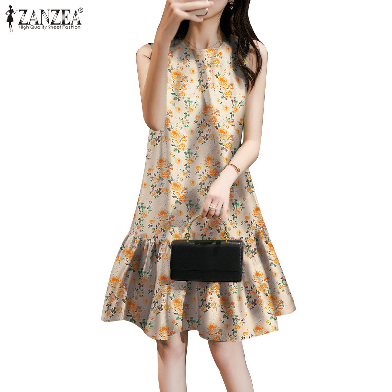 ZANZEA Women Korean Sleeveless Fishtail Ruffle Hem Printing Party Dress ...