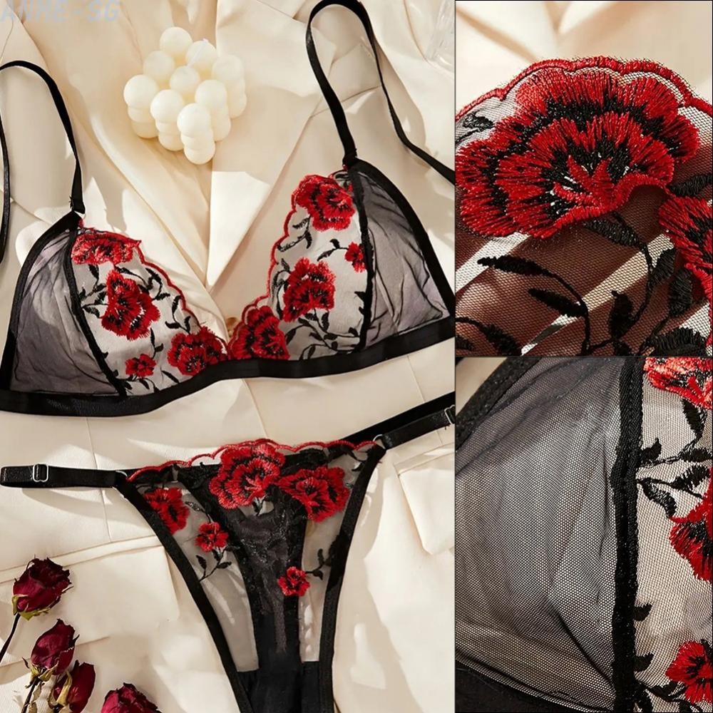 Stylish Women's Lingerie Set with Floral Embroidery Sheer Bra and Panty ...