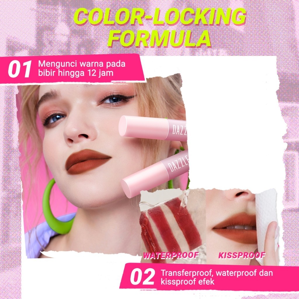 DAZZLE ME Ink-Matte Lip Cream High Pigmented dengan hasil akhir Matte Finish 12H / Merah Jingga Official - Gambar 3