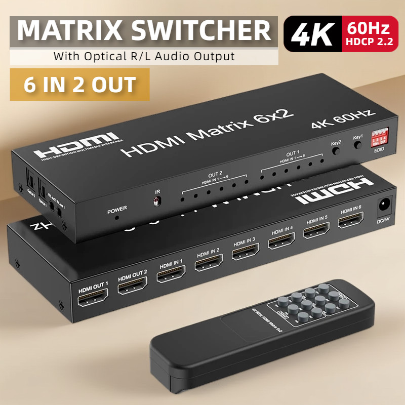 4K 60Hz HDMI Matrix Switch 6 in 2 out HDMI Video Matrix Selector Switch ...