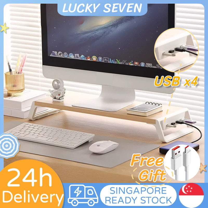 [SG Seller] monitor stand With USB Expansion Wooden Monitor stand Rack ...