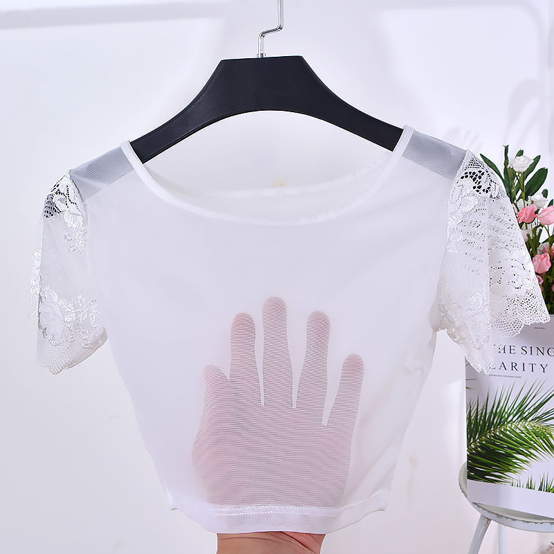 Korean style solid color mesh bottoming shirt, half-length T