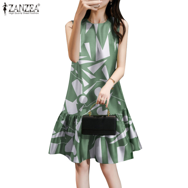 ZANZEA Women Korean Party Fishtail Ruffle Hem Print Sleeveless Dresses ...