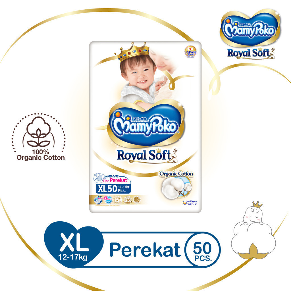 MamyPoko Royal Soft Organic Cotton - XL 50 - Popok Tape - 2 Packs - Gambar 2