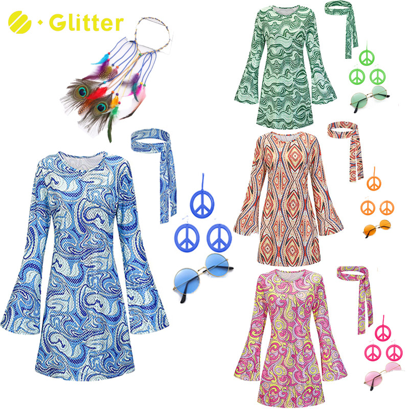 Women 70's Disco Floral Fashion Mini Dresses Hippie Adult Costume Flare  Sleeve Ladies Party Clubwear Retro Hippy 70s Dress Headband Glasses  Necklace Earrings Accessories Set | Shopee Singapore