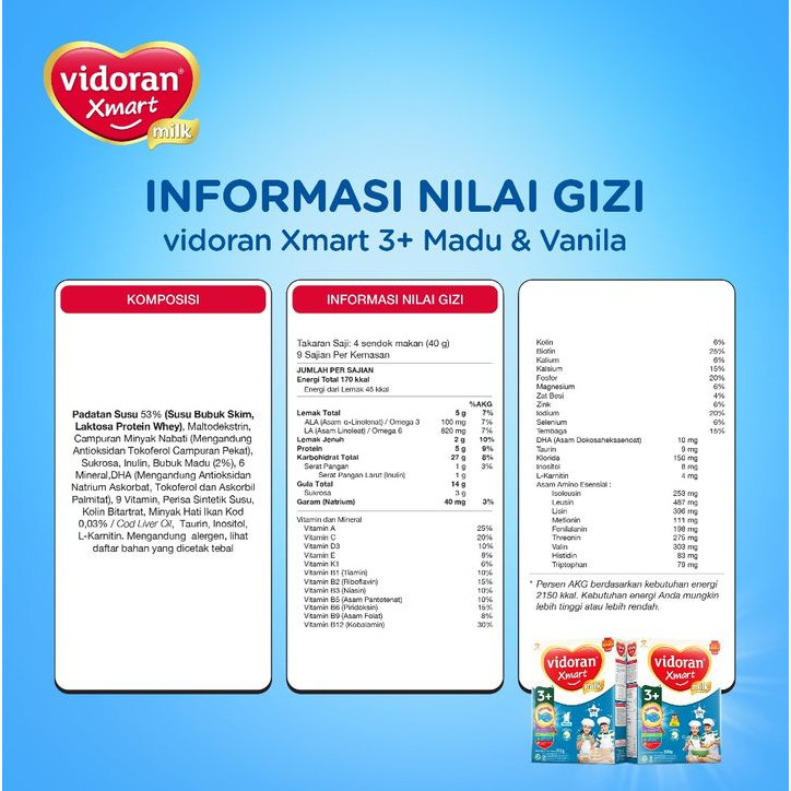 VIDORAN PAKET 2 PCS XMART MILK 1+ 3+ 5+ 800GR VANILA MADU COKELAT SUSU FORMULA ANAK 800 GR SSKD - Gambar 3