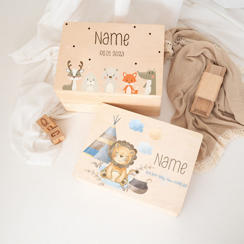 Personalized Baby Memory Box with Lion and Rabbit Souvenir Box with ...