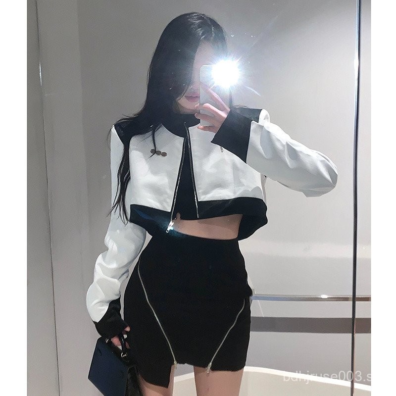 Contrast Color Leather Coat Women s Spring Classic Style Short Motorcycle Clothing Leather Jacket Trendy Zipper Skirt Two Piece Set Shopee Singapore