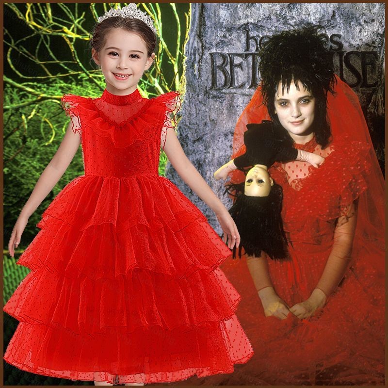 i7 kids Beetlejuice 2 Lydia Deetz red wedding dress role play cosplay cloth Halloween party costume