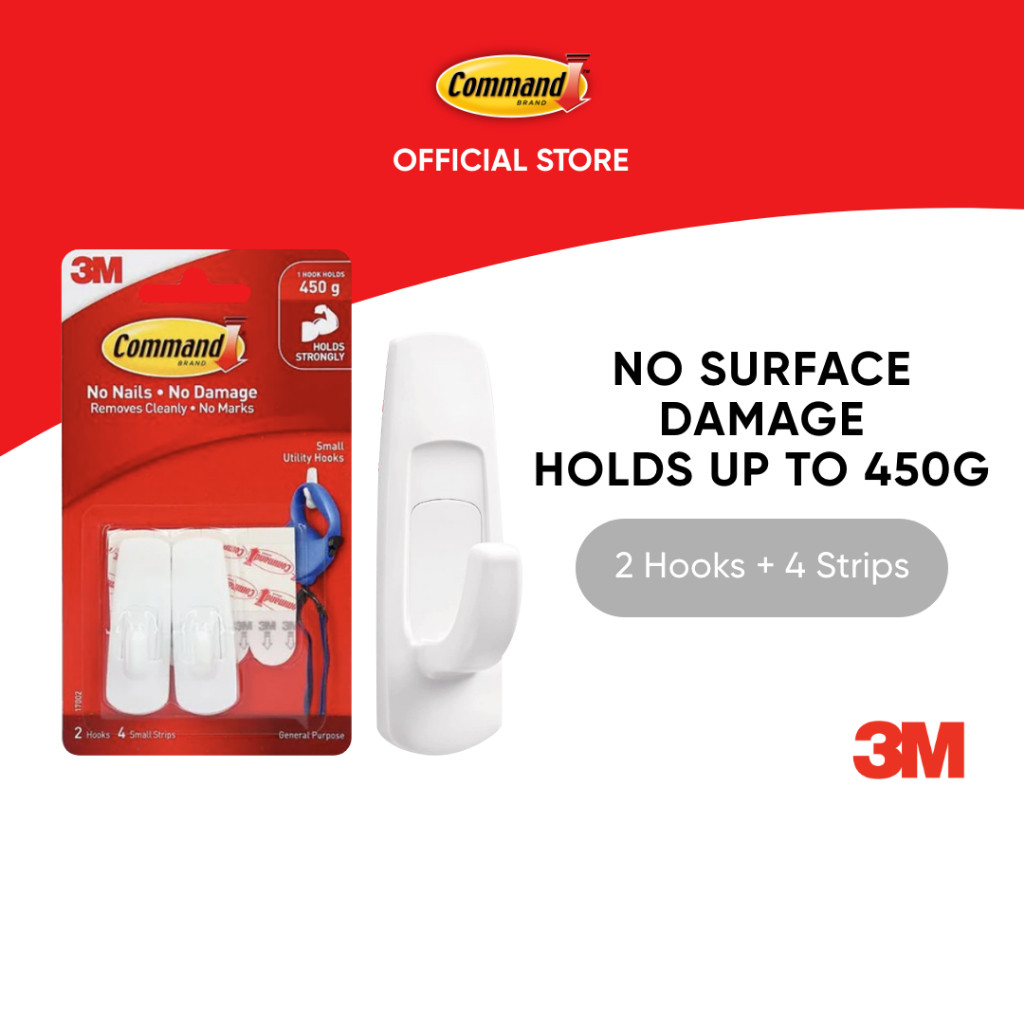 3M Command Small Utility Hooks 17002 No Surface Damage Holds up to 450g 2 pcs pack For general purpose Shopee Singapore