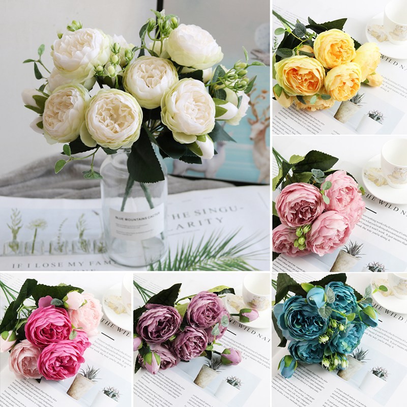 Rose Pink Silk Bouquet Peony Artificial Flowers DIY Bride Wedding Home ...