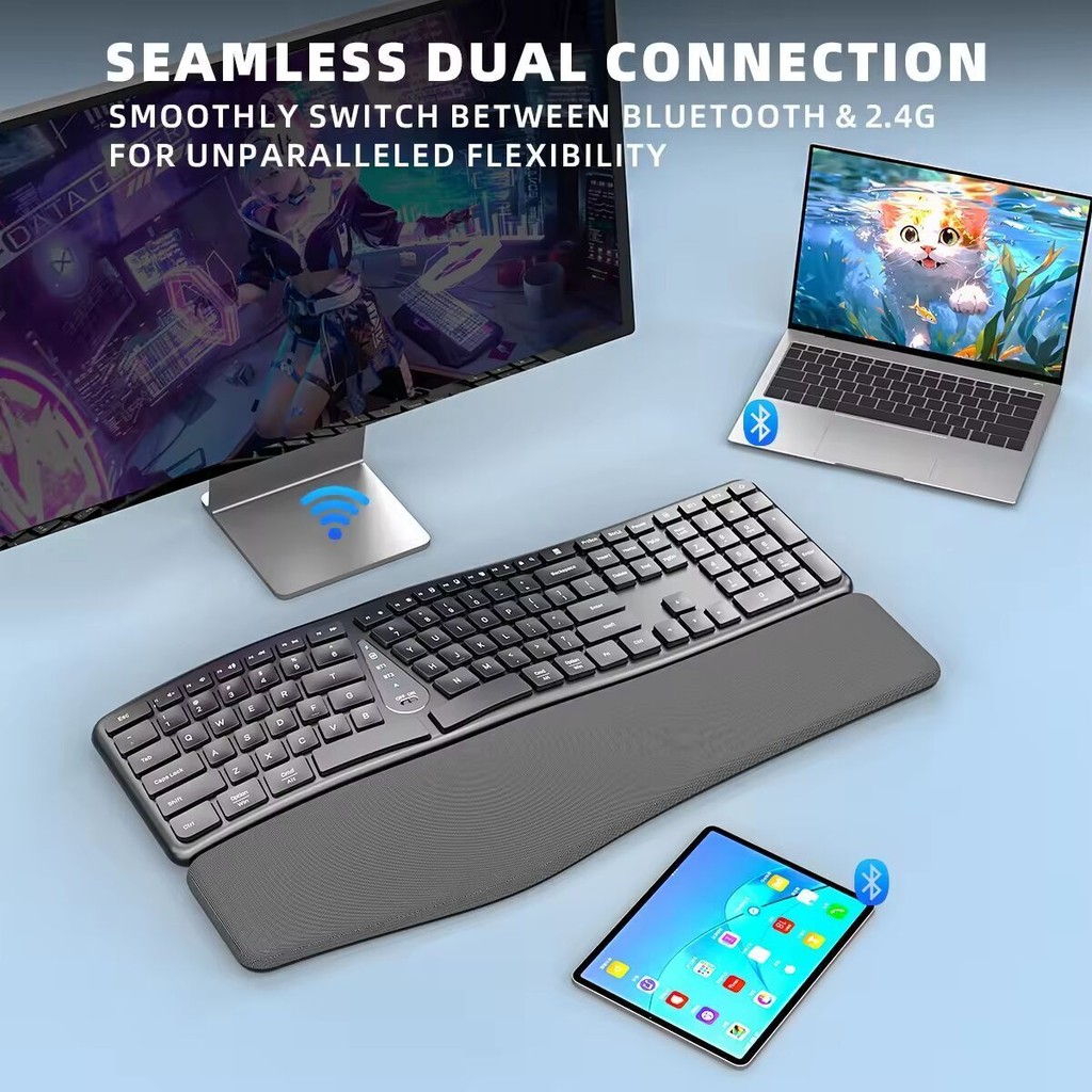 Ergonomic 2.4G Wireless Keyboard Comfortable Natural Typing,Palm Rest ...