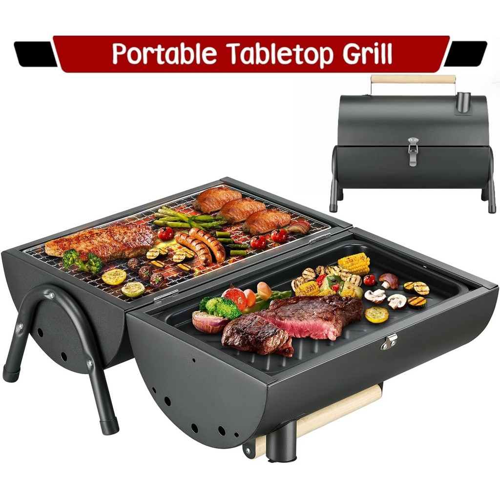 Portable Charcoal Grill Small BBQ Grill with Smoker DoubleSide Use