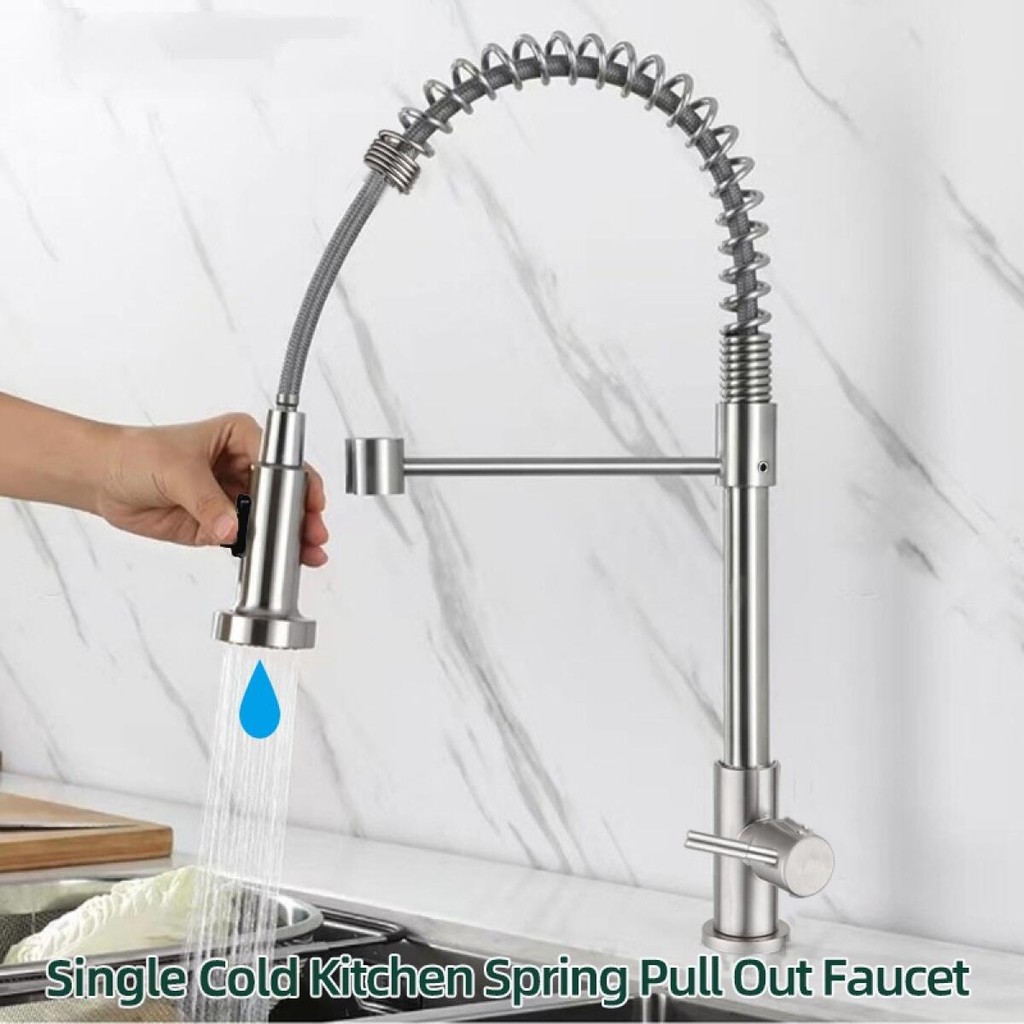 304 Stainless Steel Kitchen Faucet Spring Pull Single Cold Rotatable ...
