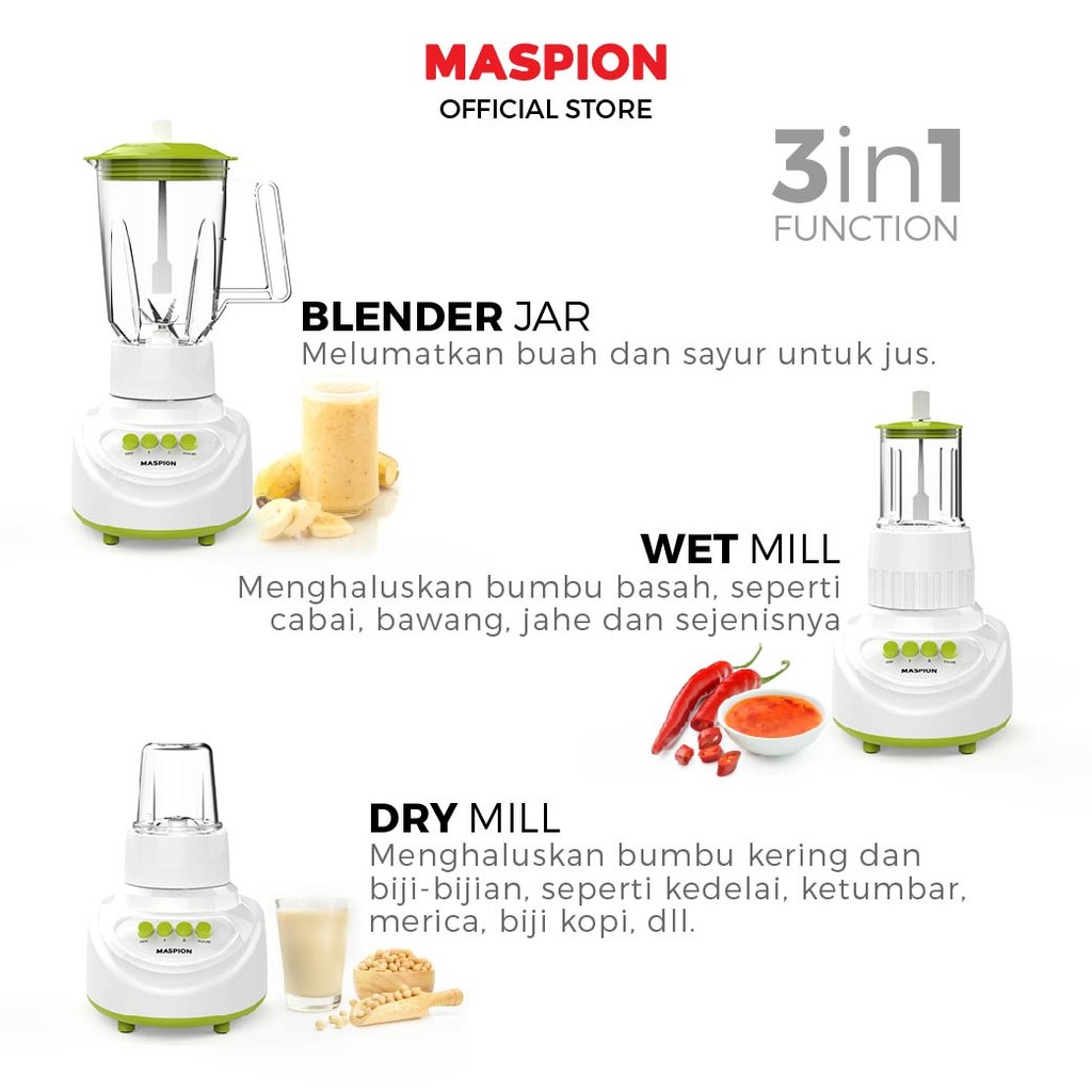 Maspion Pelumat Blender with Wet Miller and Dry Miller 1.5 Liter MT-1523 PL - Gambar 4